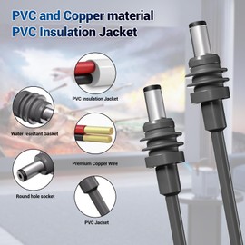 Bewinner Mini DC Power Cable, 2M, Male-to-Male, Grey, IP68 Water Resistant, 18AWG, PVC, Pure Copper, Outdoor & Indoor Use