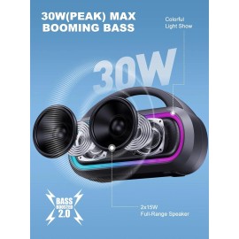 TPone Portable Bluetooth Speaker, 30W Peak, 12H Playtime, IPX5 Waterproof with Light,