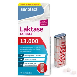 sanotact Lactase 13,000 Express (40 lactase tablets), lactose tablets with immediate effect, for lactose intolerance and milk intolerance, for spontaneous enjoyment of dairy products