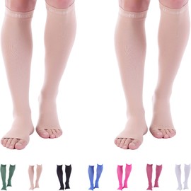 Doc Miller Toeless Compression Socks Women and Men 2 Pair - 20-30mmHg - Open Toe Compression Socks Women for Shin Splints Varicose Veins Leg Cramps Recovery - Support Circulation - Skin Nude Small