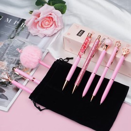 WEMATE 8Pcs Ballpoint Pens Set Metal Crystal Diamond Glitter for Journaling Pink Pen Bling in Black & Blue Ink Pretty Cute Fancy Mothers Day Gift for Women Wedding School Office Desk(Pink)