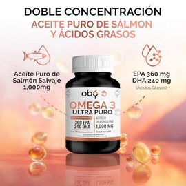 OBY Omega 3, 120 softgels de 1300 mg. Aceite Salmon Salvaje Puro Alta concentracion Omega 3 1000 mg  DHA y EPA. Sin sabor y sin Olor                  