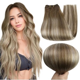 Full Shine Weft Hair Extensions Real Human Hair Bundles Double Weft Hair Color 6/60/6 Chestnut Brown Fading to Blonde Hair Extensions Weave Hair Extensions 22 Inch Real Hair Extensions 105 Grams