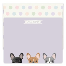 Koko Paper Co Three French Bulldogs All-purpose Note Cards | 25 Flat Cards + 25 Pastel Polka Dot Envelopes | Designed and Made in the U.S.A.