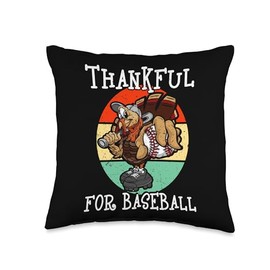 Turkey Baseball Thanksgiving Thankful Kids Boys Men Throw Pillow