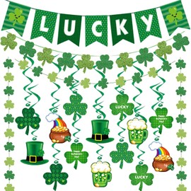 Zonlianxin St Patricks Day Decorations Pre-Assembled Shamrock Lucky Banner Garlands Clover Hanging Swirls Irish Decor for Home Saint Patrick Party Supplies(Set 2)