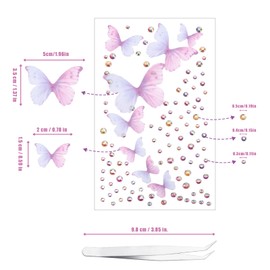 Rhinestone Stickers, Self Adhesive Face Diamonds with Tweezers Stick on Fabric Butterflies Round Jewel Gems Stickers for Women Nails Face Body Hair Festivals (Blue Purple)