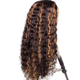 AiPliantfis Deep Wave Human Hair Wig, Brown, 13 x 6 (33x15 cm) Real Hair Wig, Women's P430 Highlight, Glueless Human Hair with Natural Hairline Free Part, Bleached Knots, Brazilian Remy Hair, 18