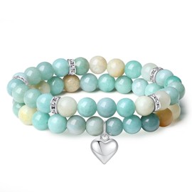 AWARDSEN 2 pieces heart gemstone bracelet women, crystal bracelet gemstone 8 mm gemstone jewellery, healing stones bracelet, partner bracelets, gift for women, Crystal, gemstone, No gemstone