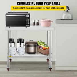 VEVOR Stainless Steel Prep Table, 36 x 24 x 35 Inch, 440lbs Load Capacity Heavy Duty Metal Worktable with Backsplash Adjustable Undershelf & 4 Casters, Commercial Workstation for Kitchen Restaurant