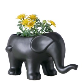 WHW Whole House Worlds Elephant Planter/Cachepot, Black, Porcelain, Matte Finish, No Drain Holes, Pads on Bottom, 9.75 Inches