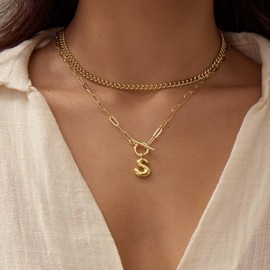 Thaivor Bubble Letter Necklace Layered Gold Initial Necklaces for Women Dainty Gold Initial Choker Chain Necklace Gold Jewelry for Women Gifts (L)
