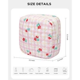 LETGO Floral Makeup Bag, Small Cosmetic Bag for Women Girls, Cute Cotton Makeup Bag, Quilted Makeup Bags, Flower Travel Make up Bag for Purse (Red Floral)