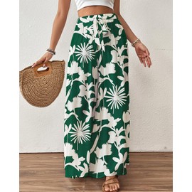 Bsubseach Wide Leg Pants Woman Flowy Floral Palazzo Pants for Women High Waisted Summer Casual Trousers Cruise Outfits Dark Green