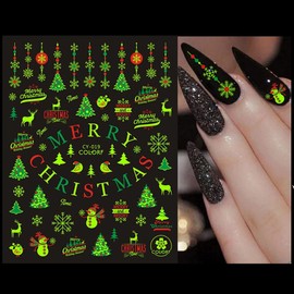 Christmas Nail Stickers 3D Luminous Nail Decals Self-Adhesive Christmas Nails Art Stickers 9Sheets Snowflake Snowflake Bell Elk Nail Design Manicure Tips Nail Decoration for Women Girls Kids
