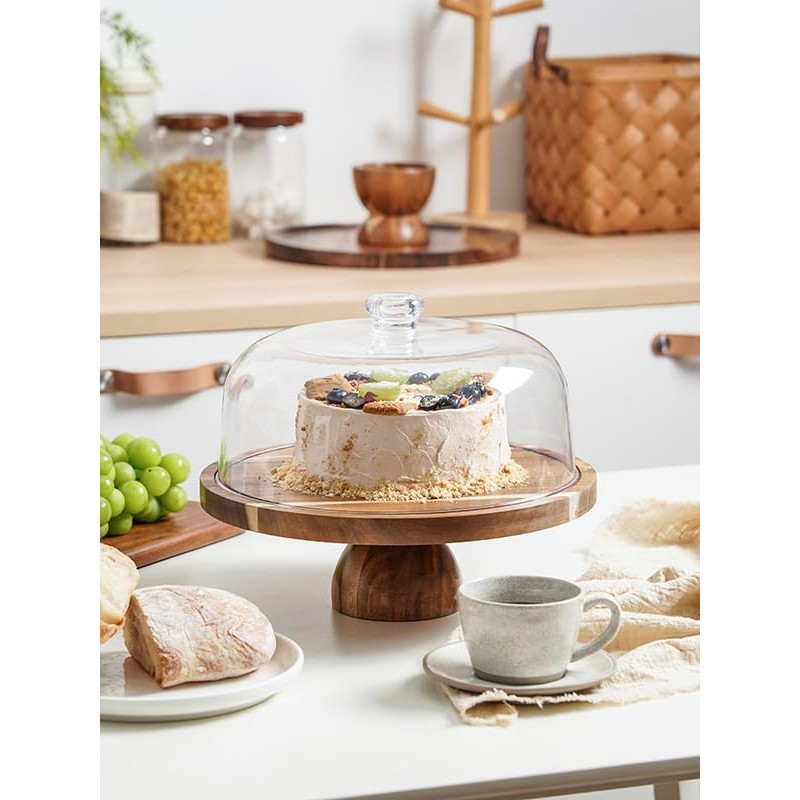 Kanwone Acacia Wood Cake Stand with Acrylic Lid - 12in