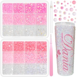 2 Boxes Pink White Flatback Pearls and Resin Rhinestones for Crafting, 3-6 mm Jelly Rhinestones, Mixed Size Half Pearl Bedazzling Gems for Nail DIY Crafts Mugs Bottles Tumblers Clothes Makeup