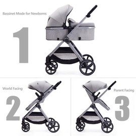 Lortsybab 2 in 1 Baby Stroller, Newborn Infant Toddler Convertible Bassinet Pram Stroller for 0-36 Months Old Babies (Grey)