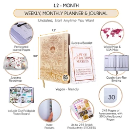 Law of Attraction Planner – Undated Hourly, Weekly & Monthly Goal Setting Planner, 12-Month to Increase Productivity | Life & Gratitude Journal, Include Foldable Vision Board, Gift Box & Stickers