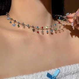 Atentuyi Boho Small Butterfly Necklace Silver Tiny Butterfly Tassel Necklace Multicolor Crystal Choke Cz Chain Necklace Clavicle Short Collar Necklace Jewelry for Women and Girls