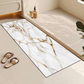 Long Gold White Marble Bath Mat,Non Slip Super Absorbent Quick Drying Bathroom Runner Rug for Floor Bathroom Bedroom Kitchen with Rubber Backing Thin Bathroom Runner
