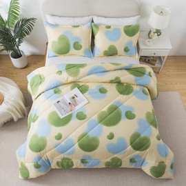 Caressma Heart Print King Size Comforter Set, Green and Yellow Blue Lovely 3 Pieces Comforter Set with Matching Pillow Shams for All Seasons