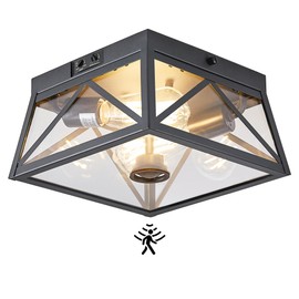 Tarentlight Adjustable Outdoor Motion Sensor Ceiling Light,10" Modern Industrial Design of Squares Flush Mount 2-Light with Clear Glass for Your Porch,Garage,Patio,Hallway,Entryway