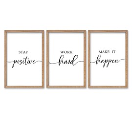 SRSZHIYUE Office Motivational Decor 16"×11" Set of 3 Stay Positive Work Hard Make It Happen Inspirational Quotes Wooden Framed Wall Hanging Art (Wood)