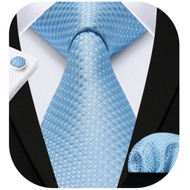HISDERN Men's Wedding Ties and Pocket Square Solid Tie Cufflinks Set, Check Blue