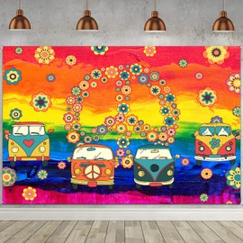 Hippie Bus Backdrop FHOZN 10x8ft Colorful Paint Car Background for Photography Theme Party Funny Groovy Games Supplies Booth Props