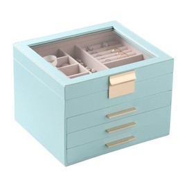 Frebeauty Clear Lid Jewelry Box,4 Layers Jewelry Organizer Large Multi-Functional Jewelry Storage Box with 3 Drawers,Jewelry Display Case of Rings Earrings Necklace Bracelets(Lake Blue)