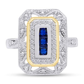 14K White Gold Over Sterling Silver Simulated Blue Sapphire & Diamond Accent Art Deco-Style Ring (1/10 cttw, I-J Color, I3 Clarity) Ring Size-7.5