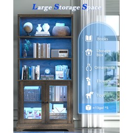 TVU 5-Tier Bookcase with Cabinet & LED, Wood 65 Inch Tall Bookshelf with Storage, Floor Standing Display Book Shelf for Living Room, Office, Study, Entryway (Rustic Brown)