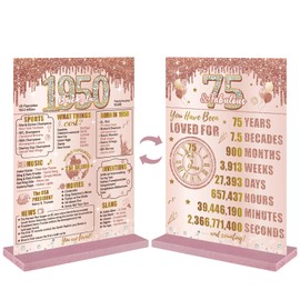 Bumqviy Bumqviy Happy 75th Birthday Decorations Back in 1950 Table Sign for Women, Pink Rose Gold 75 & Fabulous Birthday Two-Sided Wooden Poster with Stand, 75 Year Old Birthday Gift Party Supplies