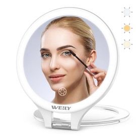 WEILY Magnifying Mirror with Light, 10X/1X Magnification Double-Sided Travel Makeup Mirror, with 3 Color Lights, Touch Control, Rechargeable Portable Mirror for Bedroom, Bathroom (White)