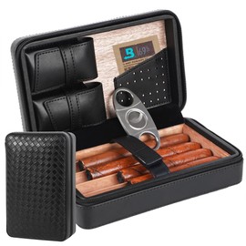 Humidor for 4 Cigars, Cedar Wood Interior, Woven Grain Leather, Complete with Stainless Steel Cigar Cutter, the Humidor Would Make a Great Gift for Birthdays, Groomsmen or Father's Day
