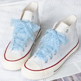 Booyckiy 2 Paris Flat Fancy Lace Shoelaces, 3cm Wide Ribbon Shoe Laces for Women, Baby Blue, 47inch (120cm)