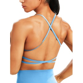 Unthewe - Brasier deportivo de entrenamiento para mujer, sin espalda, acolchado de bajo impacto, para gimnasio, yoga, playera sin mangas, Azul, L