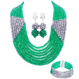 aczuv 8 Lines Statement Strand Necklaces Nigerian Wedding African Beads Jewelry Set Crystal Bridal Jewelry Sets (Army Green Silver)