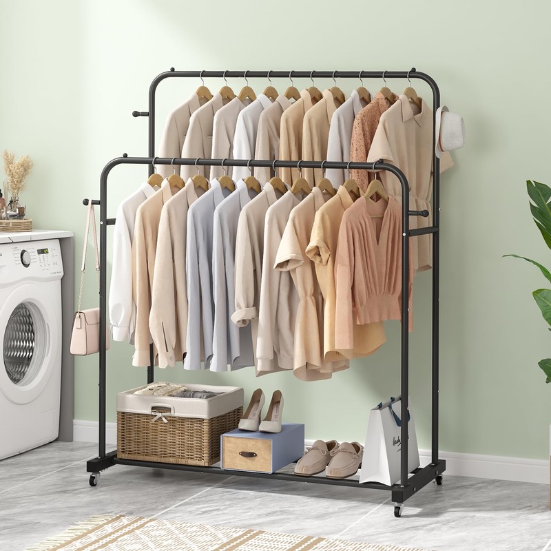 Laiensia Double Rods Garment Rack with Wheels, Clothing Rack for