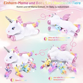 Aragallant Unicorn Soft Toy with Baby, 5 Pieces Unicorn Cuddly Toy, Plush Unicorn Gifts for Girls 3 4 5 6 7 8+ Years, Unicorn Mum with Babies, Unicorn Plush Cushion with Wings for Children