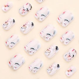 24 Pcs Flower Press on Nails Short Square Shaped Fake Nails with White Florals Design Golden Glitter False Nails Glossy Acrylic Nails Full Cover Stick on Nails for Women Nails Manicure Decorations