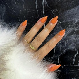 Orange Press on Nails Short Almond Shaped, SXVME Short Fake Nails Glue on, Best Thick Natural Acrylic False Nails Handmade of Upgrade Gel, Winter Extra Short Almond Nails, Big & Petite Fingers, 30Pcs