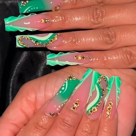 24Pcs Press on Nails Long Square Fake Nails Green French Tip Acrylic Nail with 3D Swirl Designs False Nails Gold Rhinestones Glue on Nails for Women Manicure