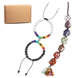 Crystals and Healing Stones Kit, Obsidian Couple Chakra Bracelets, 11.4-inch Large Chakra Pendant for Decoration, Chakra Crystal Set