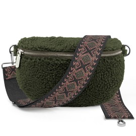 ARTVALL - Shoulder Bag Teddy Fabric Bag Handbag Plush Bag Bum Bag Teddy Fur Plush with Shoulder Strap Design Bag Strap Removable Adjustable Strap Crossbody Bag Women with Zip, Olive Green (Boho Pink |