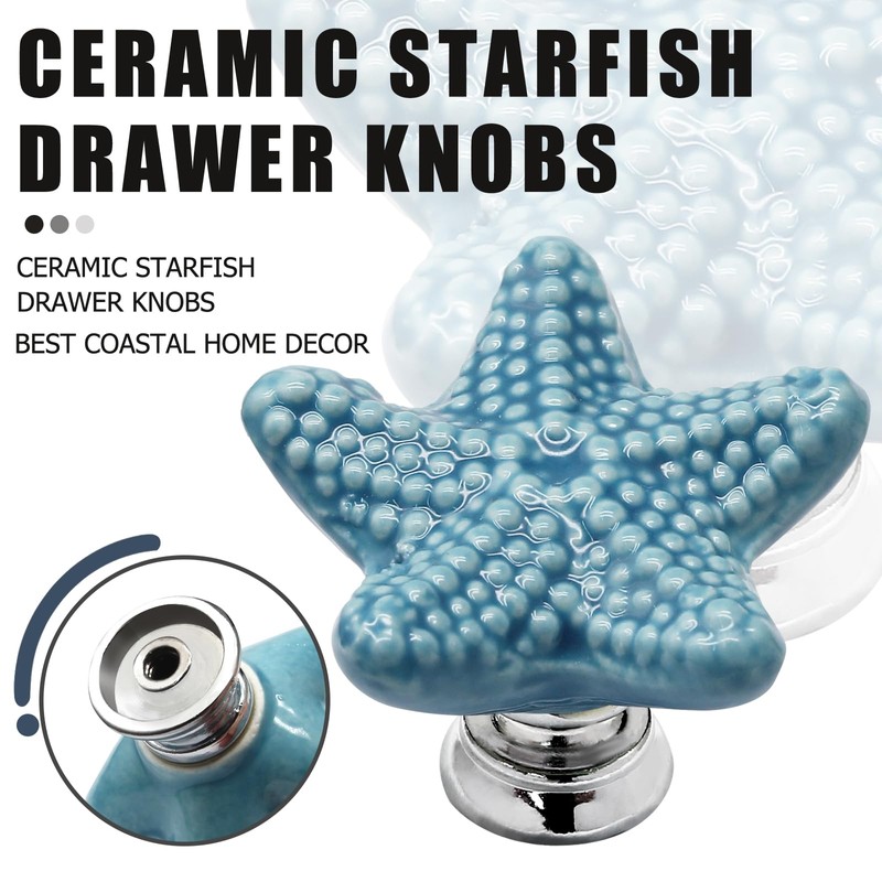 Luomorgo 4 Pack Ceramic Starfish Drawer Knobs - Coastal Blue