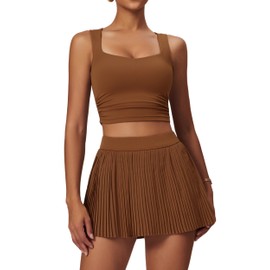 ABOCIW Tennis Dresses for Women High Waisted Pleated Tennis Skirt Set Square Neck Workout Crop Tank Tops Workout Golf Outfits Athletic Dress #2 Brown Small