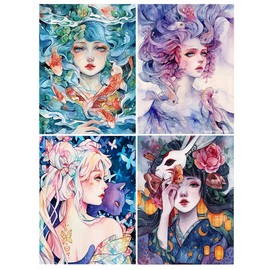 DCIDBEI 30 x 40 cm Set of 4 Japanese Diamond Painting Manga Girls, Diamond Painting Woman Animals Fish for Children, Decorating Crafts House Bedroom Fashion Adults