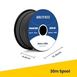 Brotree 550 Paracord 4mm 30m Rope Type III 7 Strands 100% Polyester Parachute Cord for Crafting, Camping, Outdoor, Survival - Black